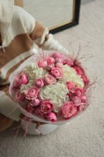 Bouquet with hydrangea and pink Silva