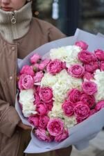 Bouquet of peony roses, city bubbles and hydrangeas