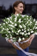 Basket of 101 white tulips