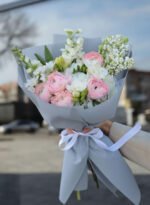 Bouquet with ranunculus, tulips and mattiola