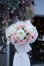 Bouquet of white hydrangeas, Pink Mondial roses and freesias