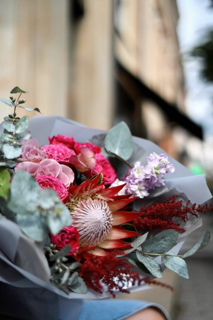 Berry bouquet with protea, Memory and exotic flowers 2 Tandem GREEN SHOP