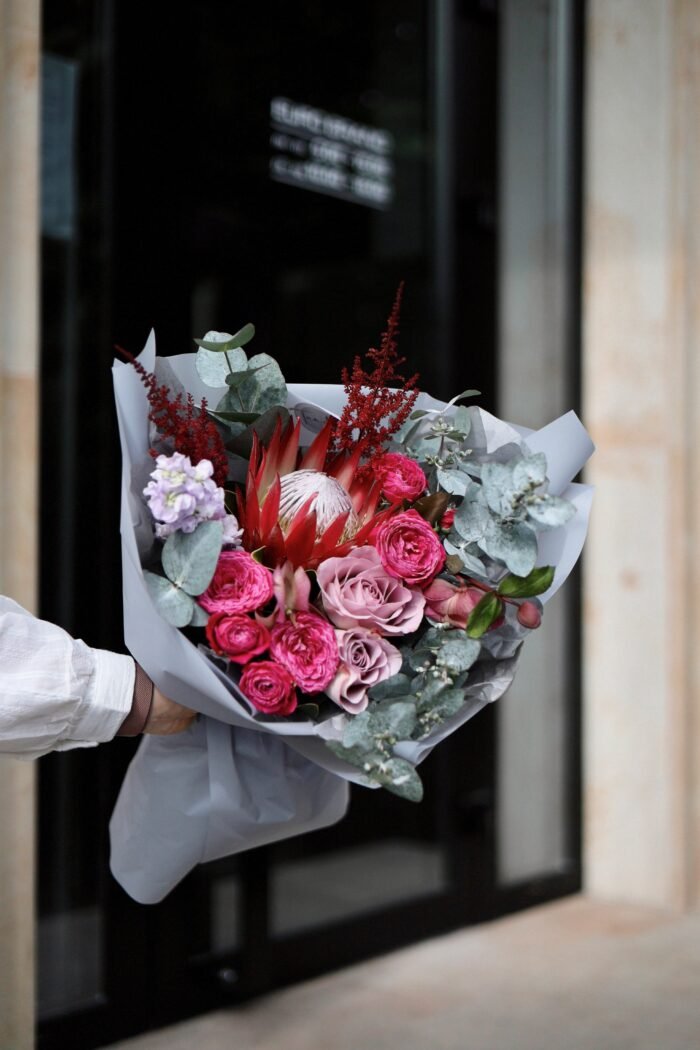 Berry bouquet with protea, Memory and exotic flowers 3 Tandem GREEN SHOP