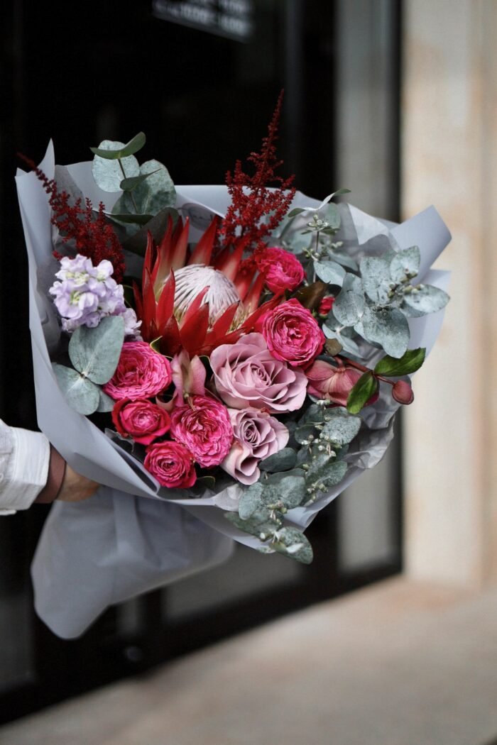 Berry bouquet with protea, Memory and exotic flowers 1 Tandem GREEN SHOP