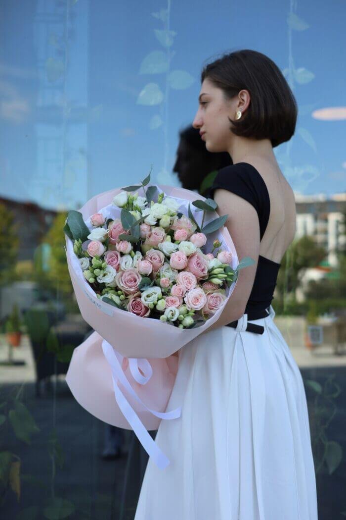 Bouquet of Pink Athena roses, eustoma and bush roses 2 Tandem GREEN SHOP