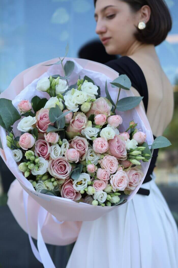 Bouquet of Pink Athena roses, eustoma and bush roses 3 Tandem GREEN SHOP