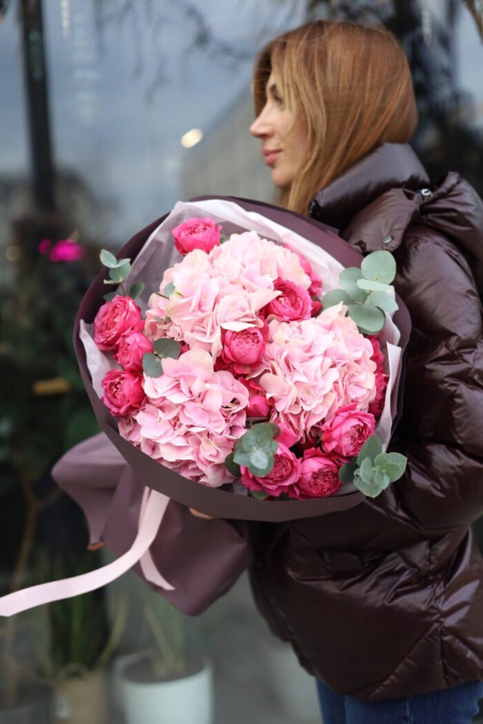 Rich pink mix of hydrangeas and shrub peony roses Marvelovs 1 Tandem GREEN SHOP