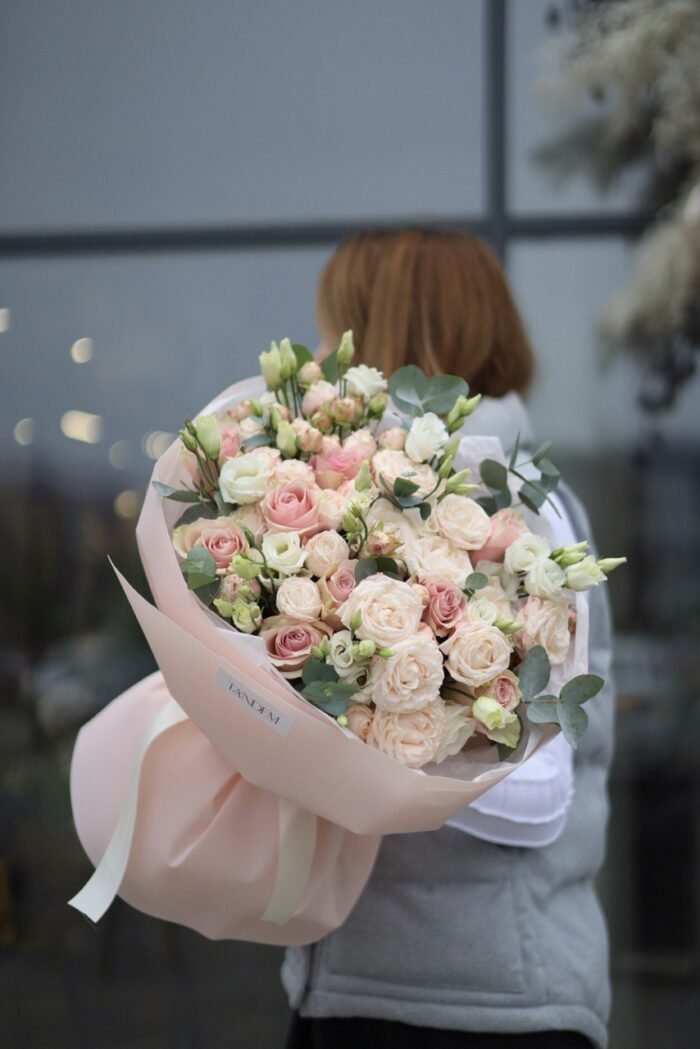 Bouquet of pink athena roses, bush peonies and eustoma 1 Tandem GREEN SHOP